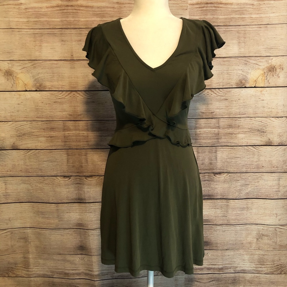 Olive Green Fit & Flare Short Sleeve Ruffle Dress